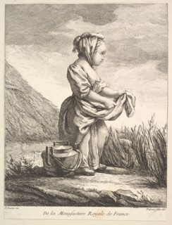 Little girl with a vessel by her feet, from Premier Livre de Figures d'après les porcelain..., 1757. Creator: Pierre Etienne Falconet.