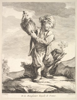 Little boy holding a vessel, from Premier Livre de Figures d'après les porcelaines de la M..., 1757. Creator: Pierre Etienne Falconet.
