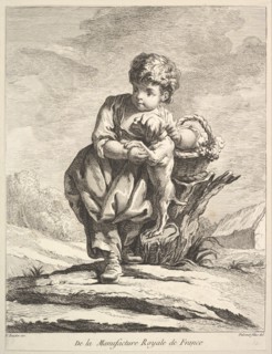Child with a dog, holding a basket of grapes, from Premier Livre de Figures d'après les po..., 1757. Creator: Pierre Etienne Falconet.