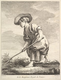 Little girl doing farm work, from Premier Livre de Figures d'après les porcelaines de la M..., 1757. Creator: Pierre Etienne Falconet.