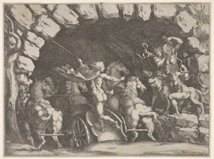 Pluto, seen from behind, entering the Underwold on his chairot, Cereberus and three Fu..., ca. 1680. Creator: Pietro Santi Bartoli.