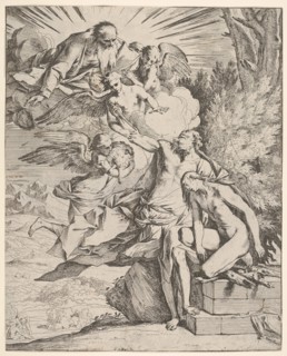 Sacrifice of Isaac: an angel presses against the dagger-bearing arm of Abraham, who ..., ca.1645-50. Creator: Pietro Testa.