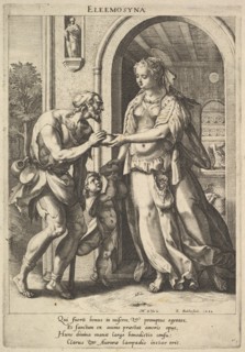 Alms-giving: a woman with pearl headdress and halo hands bread to two male beggars, one be..., 1589. Creator: Raphael Sadeler.