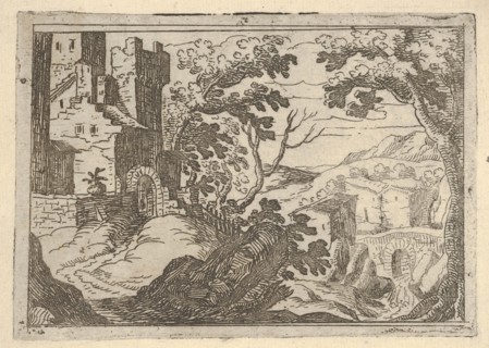 Landscape with buildings to the left and a bridge at right below, ca. 1620-50. Creator: Remigio Cantagallina.