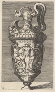 Vase with Two Winged Figures Draping a Term, 17th century. Creator: Rene Boyvin.