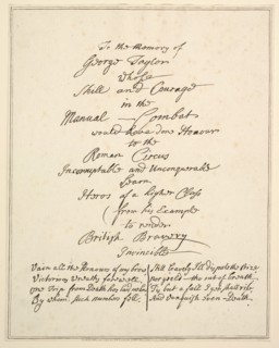 To the Memory of George Taylor Whose Skill and Courage in Manual Combat Would Have Done Ho..., 1782. Creator: Richard Livesay.