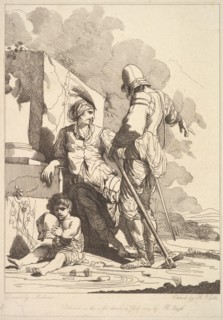 Two Soldiers and Child Holding a Helmet, July 19, 1779. Creator: Robert Blyth.
