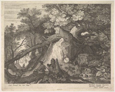 A man holding a staff and seated on a tree trunk; with two goats to either side; surro..., ca. 1600. Creator: Aegidius Sadeler II.