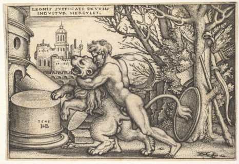 Hercules, in profile, killing the Nemean lion with his arm around its neck, from 'The labo..., 1548. Creator: Sebald Beham.