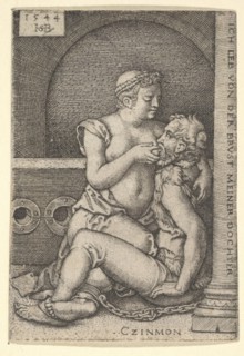 Cimon seated against a column at right, suckling from Pero who is kneeling next to him, 1544. Creator: Sebald Beham.