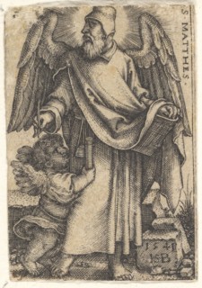 Plate 1: Saint Matthew with his head turned in profile to the left, a cherub at bottom lef..., 1541. Creator: Sebald Beham.
