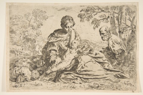 Rest on the flight into Egypt, Mary holding the infant Christ with St. Joseph ..., ca.1640 or after. Creator: Unknown.