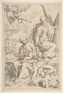 Rest on the flight into Egypt, Mary holding the infant Christ while St. Joseph hands h..., ca. 1639. Creator: Simone Cantarini.