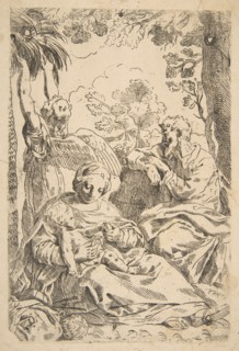 Repose in Egypt, Holy Family seated while an angel pulls at tree branche..., ca. 1637-1639 or after. Creator: Unknown.