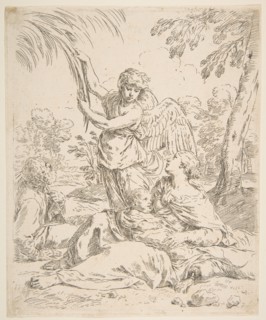Repose in Egypt, Mary nursing the infant Christ while an angel pulls at tree branches, ca. 1639. Creator: Simone Cantarini.