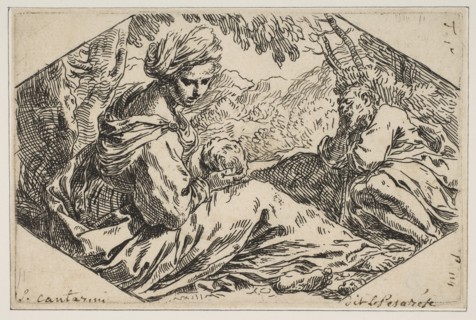 Repose in Egypt, Mary holding and looking at the infant Christ while St. Joseph s..., ca. 1637-1639. Creator: Simone Cantarini.