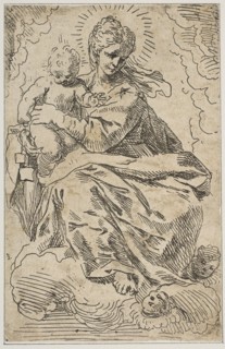 Madonna and Child on clouds, 17th century. Creator: Attributed to Simone Cantarini