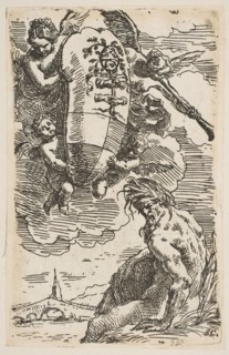 Allegory of the Foglia River with the city of Pesaro's coat of arms, frontispiece for ..., ca. 1639. Creator: Simone Cantarini.