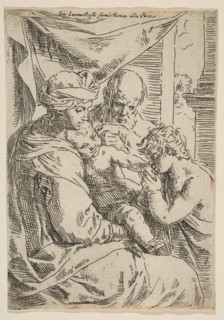 Holy Family with Saint John the Baptist kissing the infant Christ's hand, ca.1642. Creator: Simone Cantarini.