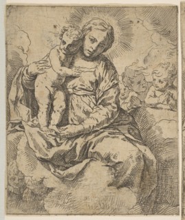 Madonna and Child seated on clouds and surrounded by angels, copy in reverse a..., ca.1639 or after. Creator: Unknown.