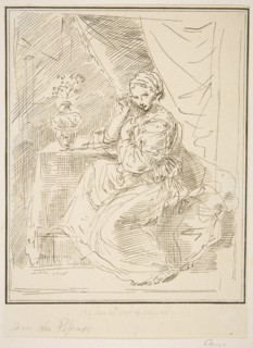 A female figure seated beside a flower vase, 1775. Creator: Unknown.