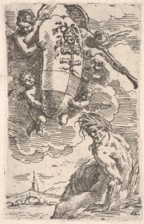 Allegory of the Foglia River and the city of Pesaro's coat of arms, frontispiece for 'Il P..., 1639. Creator: Simone Cantarini.