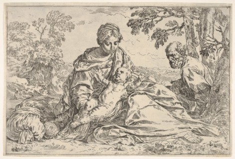 Rest on the flight into Egypt, Mary holding the infant Christ with St. Joseph..., ca. 1640 or after. Creator: Unknown.