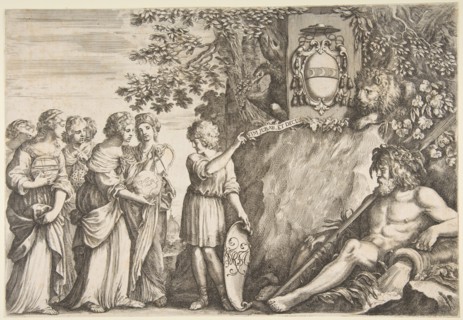 Ornament design for a thesis, the Strozzi coat of arms at top, ca. 1660. Creator: Stefano della Bella.