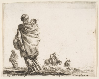 Plate 21: a poor woman to left, seen from behind, enveloping her child in a shawl..., ca. 1644-47. Creator: Stefano della Bella.