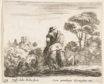 Plate 24: herdsman atop a horse, seen from behind, leads his cattle down a hill, a ..., ca. 1644-47. Creator: Stefano della Bella.