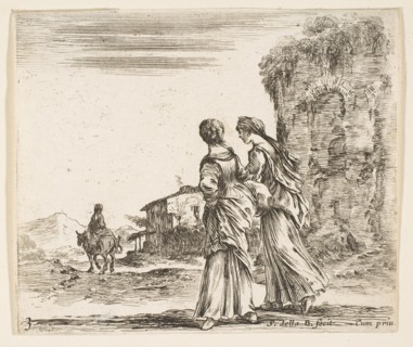 Plate 3: two girls walking towards the left, seen from behind, a woman on a horse t..., ca. 1644-47. Creator: Stefano della Bella.