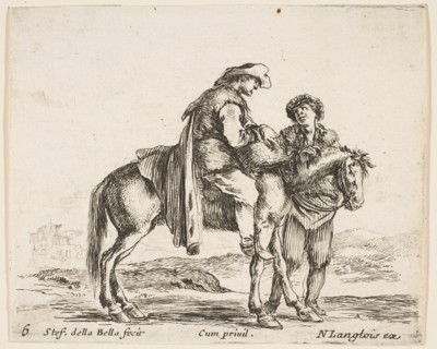 Plate 6: a peasant on horseback in profile facing the right, holding a basket and t..., ca. 1644-47. Creator: Stefano della Bella.