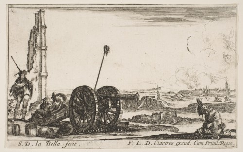 Plate 2: A cannon to the left, a town in the background, from 'Various Military Capric..., ca. 1641. Creator: Stefano della Bella.
