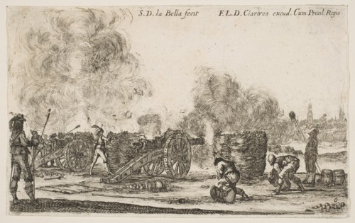 Plate 6: battery of cannons firing on a city, from 'Various Military Caprices'