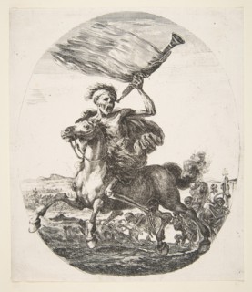Death on horseback holding a trumpet, from 'The five deaths'