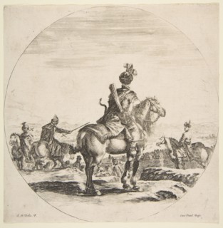 Polish horseman with a bow and arrow, seen from behind with his horse facing right, a ..., ca. 1651. Creator: Stefano della Bella.