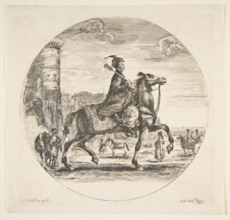 Polish horseman in profile facing right, a tower and other figures on horses in backgr..., ca. 1651. Creator: Stefano della Bella.