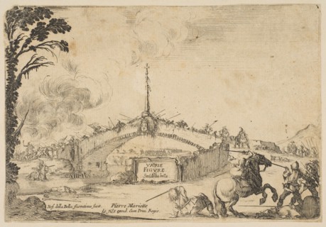 Combat on a bridge, a horseman and two footsoldiers battle with swords at bottom right..., ca. 1645. Creator: Stefano della Bella.