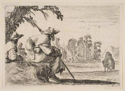 Plate 5: two pilgrims with hats rest to the left, seen from behind, a horseman rides towar..., 1642. Creator: Stefano della Bella.