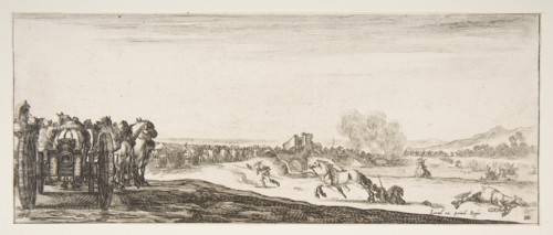 A procession of horse-drawn cannon carriages to left, horsemen in combat and a dead ho..., ca. 1641. Creator: Stefano della Bella.