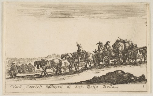 Plate 1: a horse drawn cart carrying people and goods, dead horse in the foreground, f..., ca. 1641. Creator: Stefano della Bella.