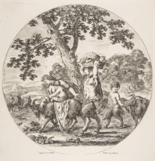 Satyr family walking towards the left with two goats and a basket of grapes, ca. 1657. Creator: Stefano della Bella.
