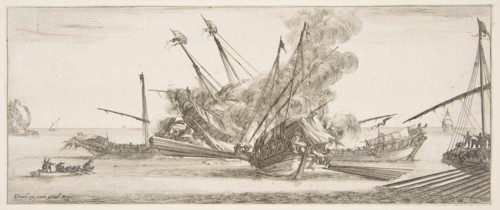 Naval combat, a ship at center, seen from behind, firing at four enemy ships, another ..., ca. 1641. Creator: Stefano della Bella.