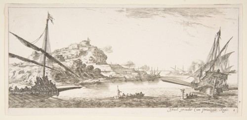 Plate 8: A the bow of a galley at left and another galley at right, seen from behind..., ca. 1641. Creator: Stefano della Bella.