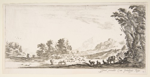 Plate 11: shepherdess seated to the right under a tree, watching her flock to the left..., ca. 1641. Creator: Stefano della Bella.