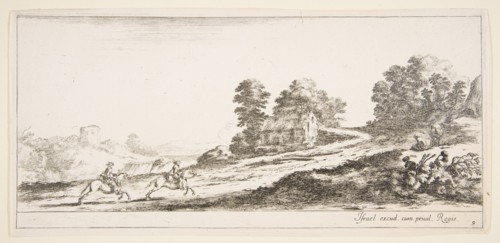 Plate 9: two horsemen at left galloping uphill towards the right, a horse and seated m..., ca. 1641. Creator: Stefano della Bella.