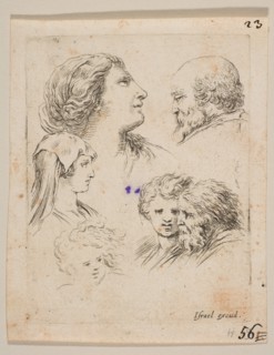 Plate 9: five heads, two young women at left, a bearded man at upper right, a young wo..., ca. 1649. Creator: Stefano della Bella.