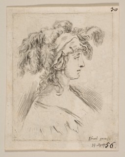 Plate 15: mid-bust of a young woman in profile wearing a hat topped with feathers, fro..., ca. 1649. Creator: Stefano della Bella.