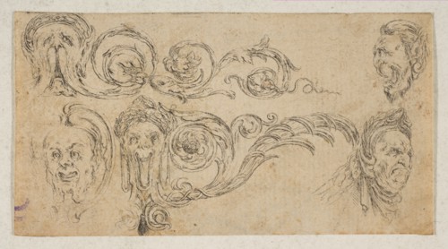 Plate 4: five grotesque heads, from 'Friezes, foliage, and grotesques'