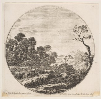 Plate 6: cows crossing a valley at left, a horseman and other cows in the background..., ca. 1646. Creator: Stefano della Bella.